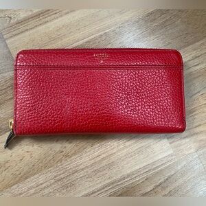 Fossil Red Pebbled Leather Zip Around Wallet — As Is